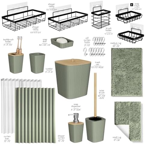 Clara Clark Bathroom Accessories Set - 27PC Bathroom Set with Adhesive Corner Shower Caddy Hanging, Bathroom Sets with Shower Curtain and Rugs, Sage Green Shower Curtain Set with Bathroom Trash Can