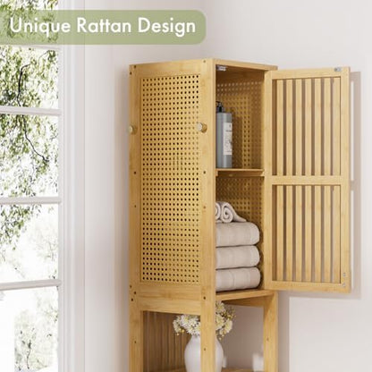 Amazer 70'' Tall Bathroom Storage Cabinet Bamboo, Narrow Storage Cabinet with Rattan Doors and Adjustable Shelves, Slim Freestanding Organizer for Living Room, Kitchen, Natural Color