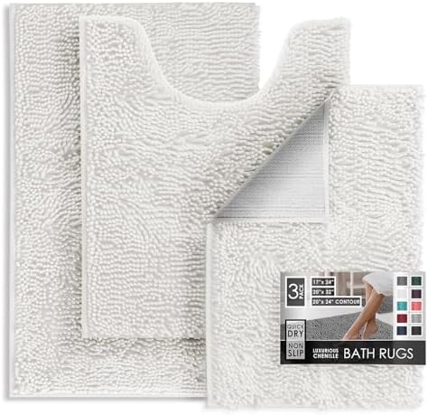 Hearth & Harbor Bathroom Rugs, Chenille Bath Mat - Machine Washable Bath Mats for Bathroom Non-Slip Backing Rubber, Quick Dry Mat - White Bath Rug, 17x24-20x32-20x24