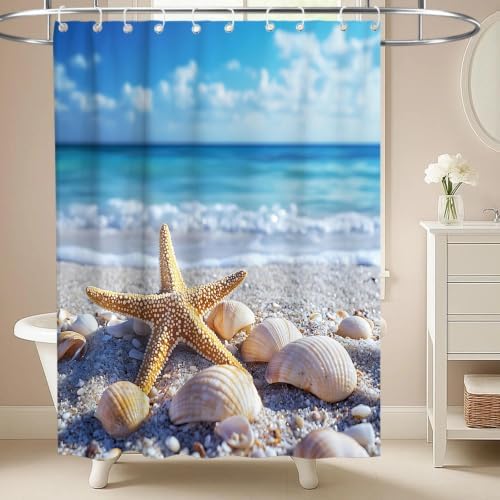 Modern Cute Beach Shower Curtain Coastal Tropical Kids Summer Seashell