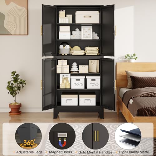winiowa 75" Tall Kitchen Pantry Cabinet, Metal Storage Cabinet with Doors and Adjustable Shelves, Black Freestanding Pantry Cabinet for Kitchen, Dining Room, Living Room, Laundry Room, Bathroom