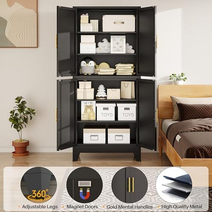 winiowa 75" Tall Kitchen Pantry Cabinet, Metal Storage Cabinet with Doors and Adjustable Shelves, Black Freestanding Pantry Cabinet for Kitchen, Dining Room, Living Room, Laundry Room, Bathroom