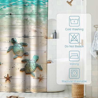 Cute Ocean Kids Shower Curtain, Beach Nautical Tropical Sea Turtle Shower Curtains for Bathroom, Waterproof Bath Curtain with Hooks Machine Washable Bathtub Curtains 36x72 Inch Blue Green