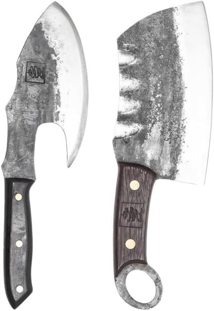 COOLINA Vikings Duo Butcher & Cleaver Knife Set - Hand-Forged High-Carbon Steel, Razor Sharp, Full Tang, Wood Handle, Perfect for BBQ, Meat & Veggies, Built for Grill Masters