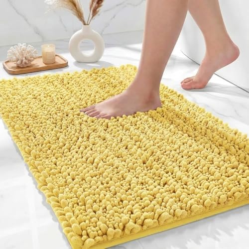 Bathroom Rugs Non Slip Washable 32x20, Extra Thick Soft Chenille Absorbent Bath Mat, High Density Barrier Non Slip Backing, Quick Dry Plush Shaggy Floor Carpet for Tub&Shower, Yellow