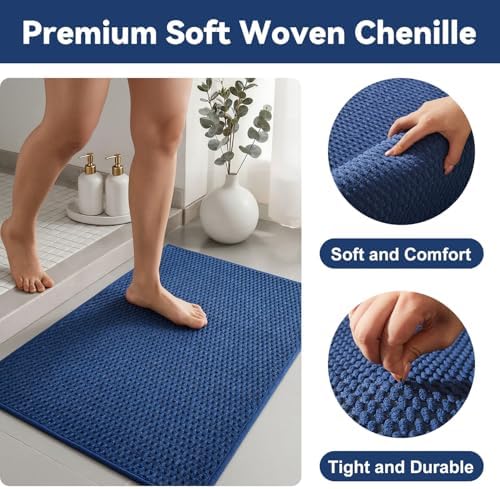 Triohero Bathroom Rugs Non Slip Washable, Super Absorbent Thin Bath Mat Small Quick Dry Low Pile Bathroom Rug, Navy Blue 16"x24"