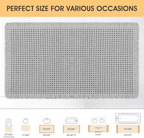 IM HOME Waffle Bath Mat Light Grey 36"x24", Boho Woven Modern Bath Mat Rugs, Absorbent Non Slip Bathroom Rugs, Soft Washable Bath Rugs with Tassels for Bathroom, Bedroom, Kitchen, Shower, Tub