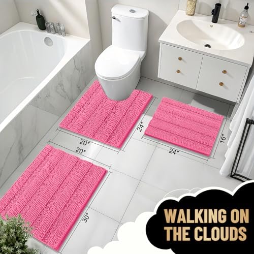 OLANLY Thick Bathroom Rugs 30x20, Soft Chenille Striped Bath Rugs, Hot Pink
