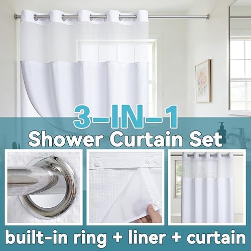 Conbo Mio No Hook Waffle Weave Shower Curtain with Snap in Liner Set, Hotel Luxury White Shower Curtains for Bathroom with See Through Top Window, Waterproof, Washable 71W x 74H