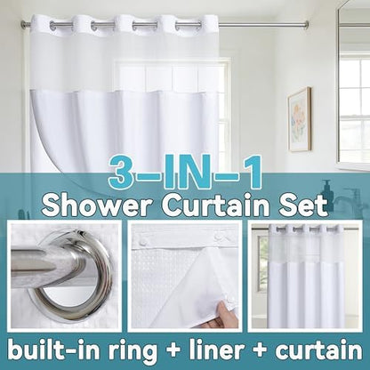 Extra Wide No Hook Waffle Weave Shower Curtain with Snap in Liner Set, 108" x 74" Hotel Luxury White Shower Curtains for Bathroom with See Through Top Window, Waterproof, Washable 108W x 74H
