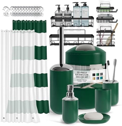 Clara Clark Bathroom Accessories Set - Bathroom Set with Adhesive Corner Shower Caddy Hanging, 25PC Bathroom Accessory Set, Green Shower Curtain Set, Toilet Brush, Trash Can & Soap Dispenser