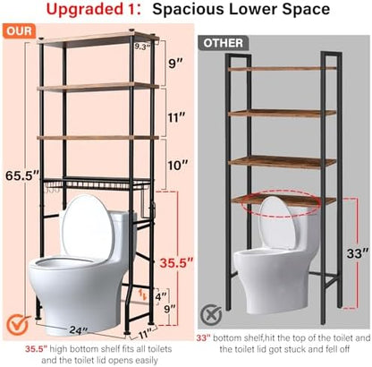 Over-The-Toilet Storage Shelves, 4-Tier Bathroom Organizer Shelf Over Toilet with Adjustable Feet Pad and Basket, Freestanding Space Saver Bathroom Storage Rack Above Toilet (Vintage Brown)