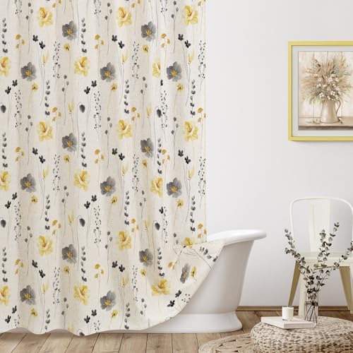 Gibelle Yellow Linen Watercolor Floral Fabric Shower Curtain, 72x72
