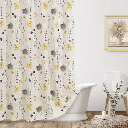 Gibelle Yellow Linen Watercolor Floral Fabric Shower Curtain, 72x72