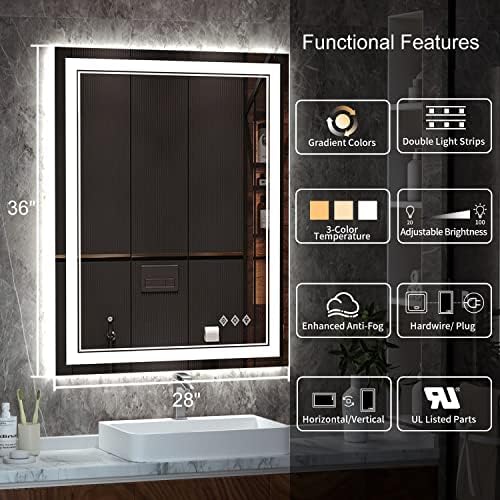 LED Mirror, 28x36 Inch Gradient Front and Backlight Lighted Mirror, 3 Colors Dimmable CRI>90 Double Lights, IP54 Enhanced Anti-Fog, Hanging Plates Wall Mount LED Bathroom Mirror