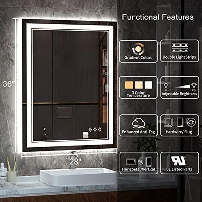 LED Mirror, 28x36 Inch Gradient Front and Backlight Lighted Mirror, 3 Colors Dimmable CRI>90 Double Lights, IP54 Enhanced Anti-Fog, Hanging Plates Wall Mount LED Bathroom Mirror