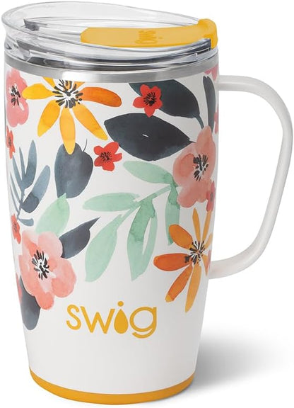 Swig Life 18oz Travel Mug, Insulated Tumbler with Handle and Lid, Cup Holder Friendly, Dishwasher Safe, Stainless Steel, Travel Coffee Cup (Honey Meadow)