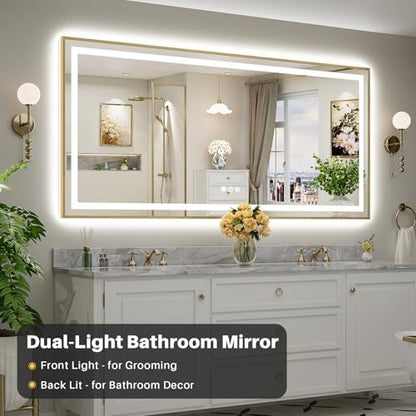 84x40 Inch LED Bathroom Mirror with Gold Frame, Backlit & Front Lit