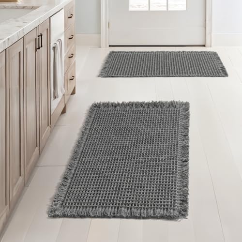 MIULEE Set of 2 Waffle Bathroom Rugs Boho Bath Mat Dark Grey 17x24 Inch