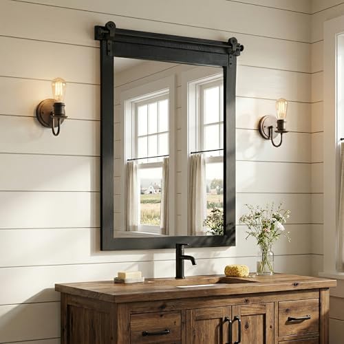 24"x36" Black Wood Grain Barn Door Vanity Mirror with Wood Header