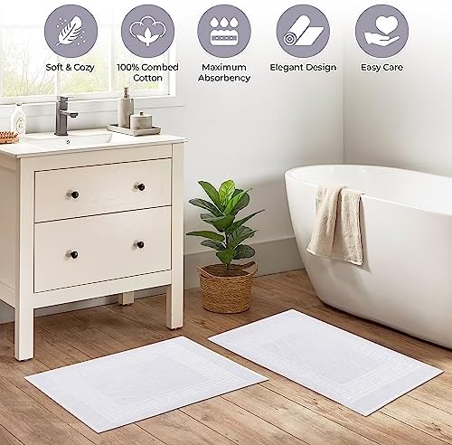 Superior Heavyweight Cotton Bath Mats, Bath Rugs For Bathroom Accessories, Washable Rug For Shower, Bath, Toilet, Modern Decor, No Backing, Luxury Hotel And Spa Quality, Set of 2, 22" x 35", White