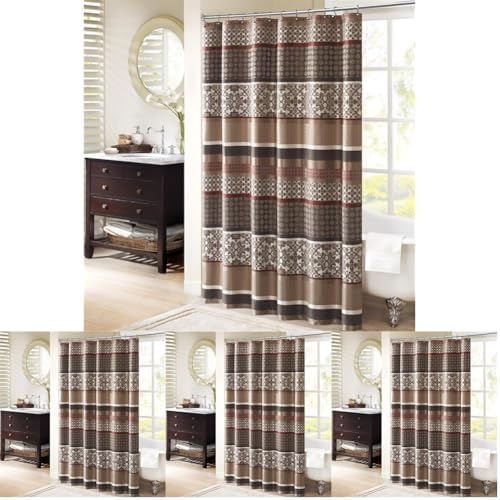 Madison Park Princeton Geometric Jacquard Fabric Shower Curtain, Transitional Shower Curtains for Bathroom, 72 X 72, Red (Pack of 4)