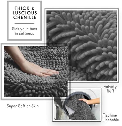 Hearth & Harbor Bathroom Rugs, Chenille Bath Mat - Machine Washable Bath Mats for Bathroom Non-Slip Backing Rubber, Quick Dry Bathroom Mat - Grey 24x36