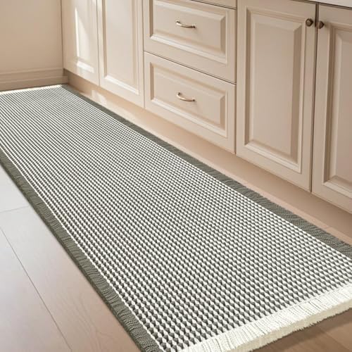 IM HOME Waffle Bath Mat Green & Cream 5'x2', Boho Woven Modern Bath Mat Rugs, Absorbent Non Slip Bathroom Rugs, Soft Washable Bath Rugs with Tassels for Bathroom, Bedroom, Kitchen, Shower, Tub