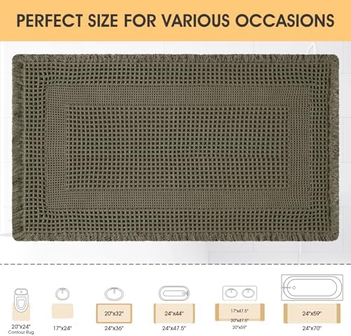 Upgrade Waffle Bath Mat, Greyish Green 32"x20", Boho Bathroom Rugs Absorbent Non Slip, Ultra Soft Bathroom Mat, Machine Washable Knit Bath Rugs with Tassels for Bathroom, Bedroom, Kitchen, Shower