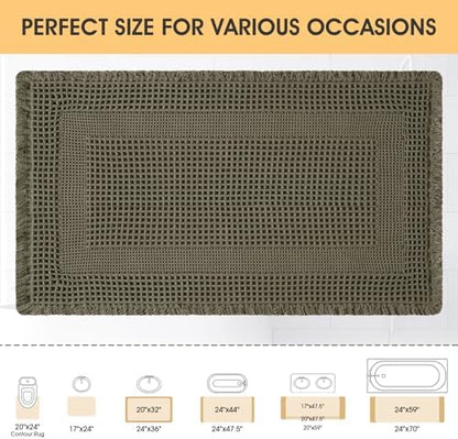 Upgrade Waffle Bath Mat, Greyish Green 36"x24", Boho Bathroom Rugs Absorbent Non Slip, Ultra Soft Bathroom Mat, Machine Washable Knit Bath Rugs with Tassels for Bathroom, Bedroom, Kitchen, Shower