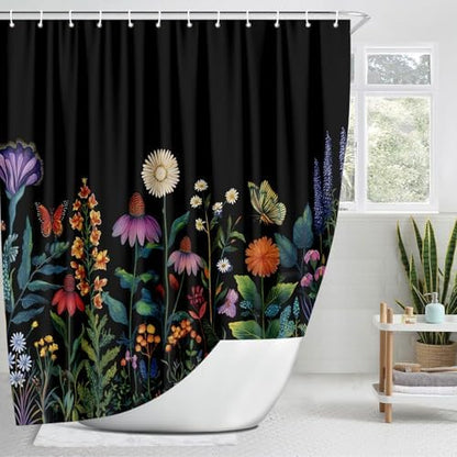 Boho Dark Floral Shower Curtain, Bright Colorful Rustic Wildflower Shower Curtain for Bathroom, Black Gothic Flowers Farmhouse Botanical Shower Curtains Machine Washable with 12 Hooks 72"X72" Inch