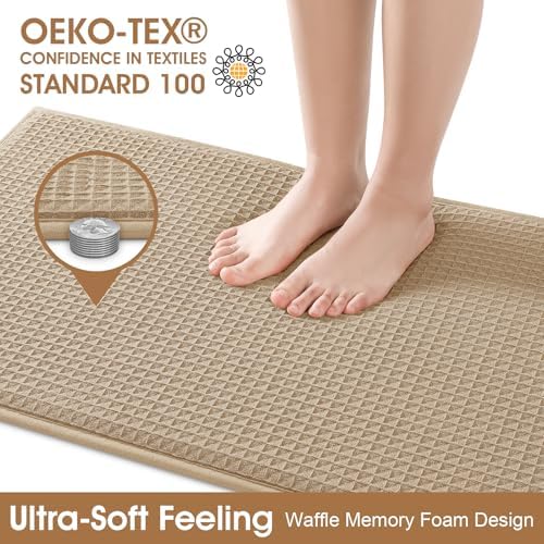 ACCUMTEK Memory Foam Bath Mat, Ultra Soft Absorbent Waffle Bathroom Rugs, Super Non-Slip PVC Backing Bath Rug Quick Dry, Machine Washable Rug for Tub, Shower, Home Decor Accessory, 24" x 17", Beige