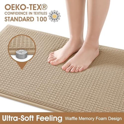 ACCUMTEK Memory Foam Bath Mat, Ultra Soft Absorbent Waffle Bathroom Rugs, Super Non-Slip PVC Backing Bath Rug Quick Dry, Machine Washable Rug for Tub, Shower, Home Decor Accessory, 32" x 20", Beige