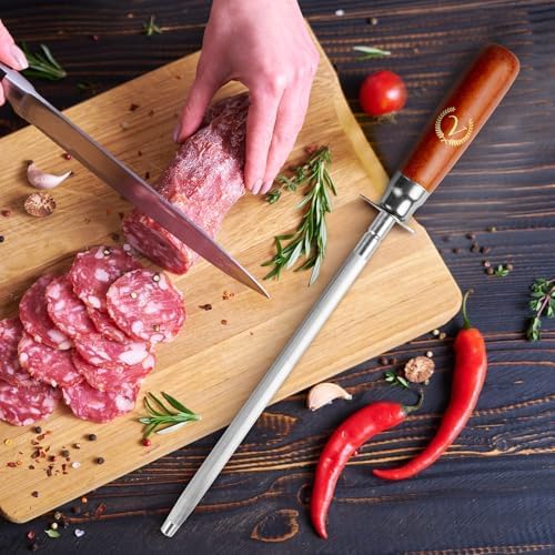 Knife Sharpener Rod, Kitchen Knives Sharpener Carbon Steel Professional Knife Sharpening Steel, Honing Rod with Hanging Holes (13 inches), V