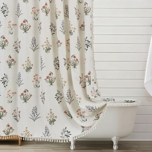 ORTIGIA Linen Textured Shower Curtain with Tassels,Vintage Floral Boho Cottagecore Waterproof Bath Curtain Metal Hooks for Rustic Farmhouse Bathroom Decor 72x72 Inch