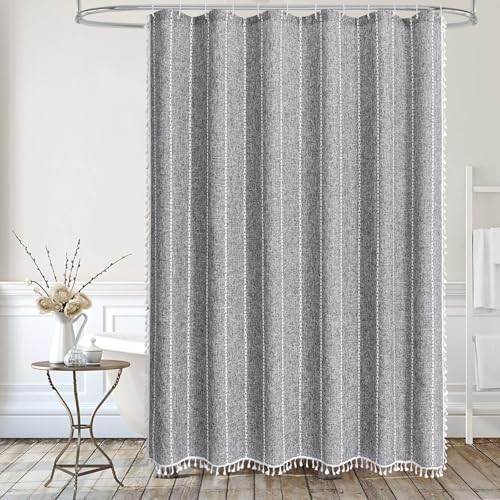 Boho Tassel Linen Shower Curtain,3D Embroidery Stripe Charcoal Grey,72x84