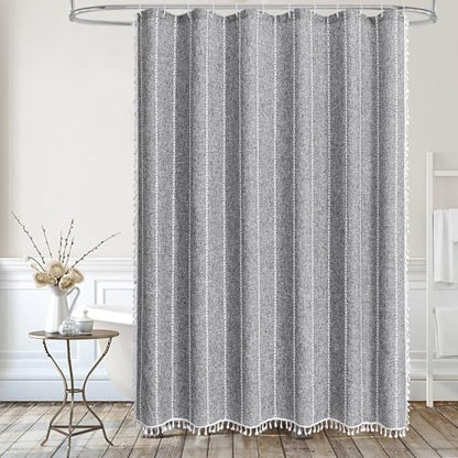 Boho Tassel Linen Shower Curtain,3D Embroidery Stripe Charcoal Grey,72x72