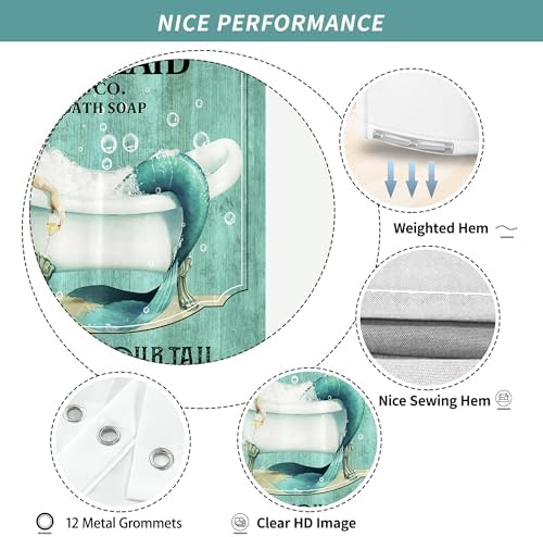 Teal Vintage Mermaid Shower Curtain for Bathroom 72W*72H Inch Little Teal Green Mermaid Wash Your Tail Bathtub Decor Funny Ocean Bathtub Bubbles Wood Aesthetic Waterproof Polyester Fabric