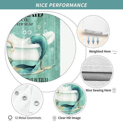 Teal Vintage Mermaid Shower Curtain for Bathroom 72W*72H Inch Little Teal Green Mermaid Wash Your Tail Bathtub Decor Funny Ocean Bathtub Bubbles Wood Aesthetic Waterproof Polyester Fabric