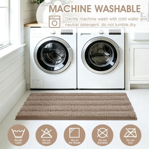 ACCUMTEK Striped Dark Beige Bathroom Rug Mat Set 2 piece 24"x17"+48"x20" Ultra Soft, Non Slip Chenille Bath Rugs, Absorbent Plush Shaggy Bath Mats for Bathroom, Bedroom, Kitchen, Shower, Tub,Taupe