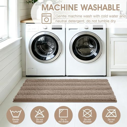 ACCUMTEK Striped Dark Beige Bathroom Rug Mat Set 2 piece 24"x17"+48"x20" Ultra Soft, Non Slip Chenille Bath Rugs, Absorbent Plush Shaggy Bath Mats for Bathroom, Bedroom, Kitchen, Shower, Tub,Taupe