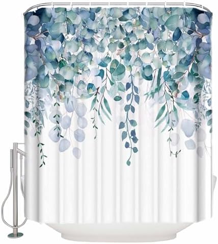 Shower Curtain Bathroom Set Country Eucalyptus Leaves Waterproof Shower Curtains with Grommets Hooks Watercolor Teal Green Leaf Privacy Bath Curtain for Bathtub Decor 72x78in