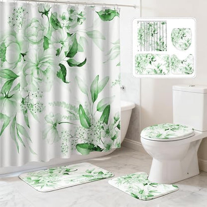 16 PCS Floral Shower Curtain Set with Rugs and 12 Hooks,Sage Green,72 x 72"