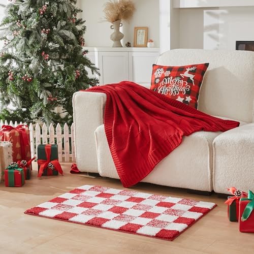 CozeCube Christmas Red Checkered Bath Mat 32"x20" Non Slip Washable Rug