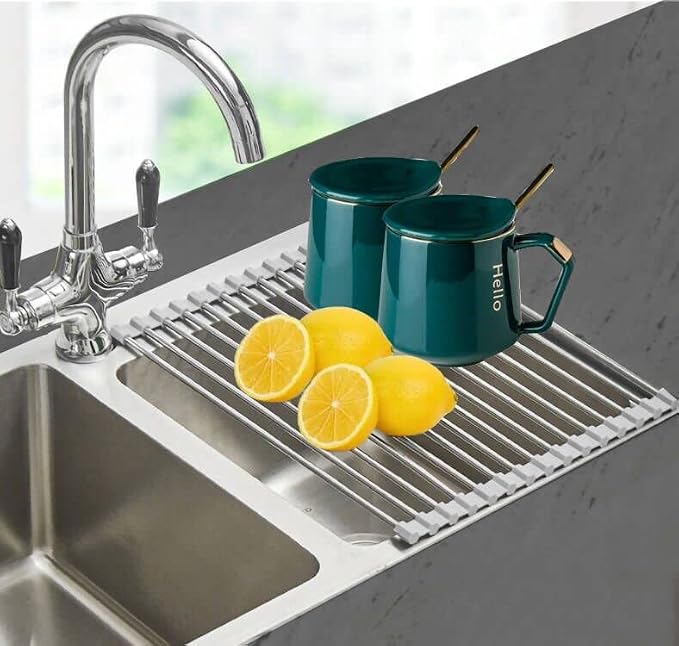 Ahyuan Roll up Dish Drying Rack Over The Sink Kitchen Roll up Sink Drying Rack Portable Dish Drainer Foldable Dish Drying Rack (Warm Gray, 17.8''X11.8'')