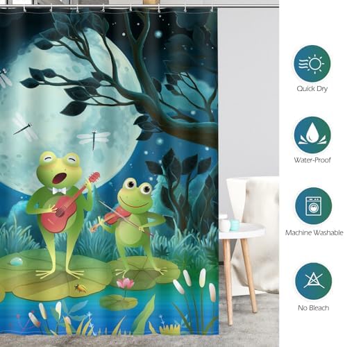 Aimego Funny Frog Shower Curtain - Cute Cartoon Frogs Dragonfly Lotus Leaf Floral Pond Wildflower Moon Fun Bath Shower Curtain Set with 12 Hooks for Kids Adults Bathroom Decor Accessories,72"x72"