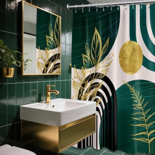 Emerald Green and Gold Extra Long Shower Curtain, Tall 72X78 in
