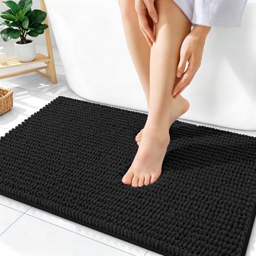 OLANLY Thick Chenille Bathroom Rugs 36x24, Soft Absorbent Bath Mat, Black