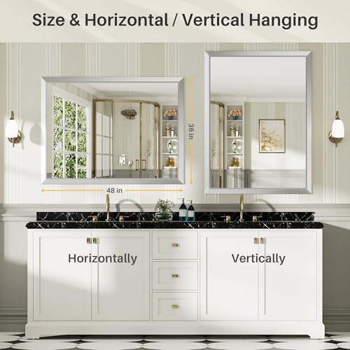 Briivue Bathroom Wall Mirror, Silver Brushed Nickel Metal Frame, 48x36 Inch