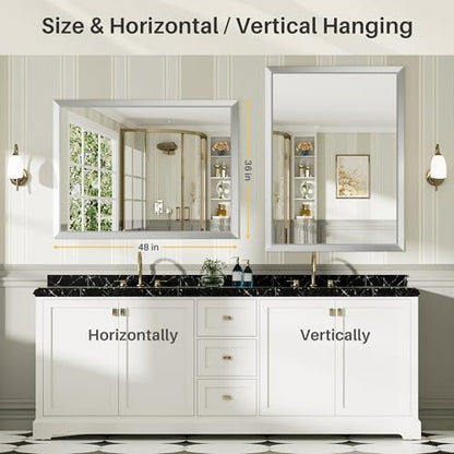 Briivue Bathroom Wall Mirror, Silver Brushed Nickel Metal Frame, 48x36 Inch